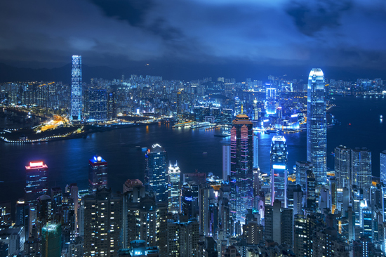 View of Victoria harbor from the peak at Hong Kong